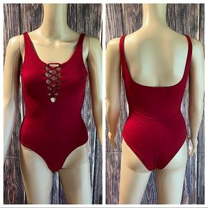 Mabruk size small lace up ruby red festival bodysuit boho